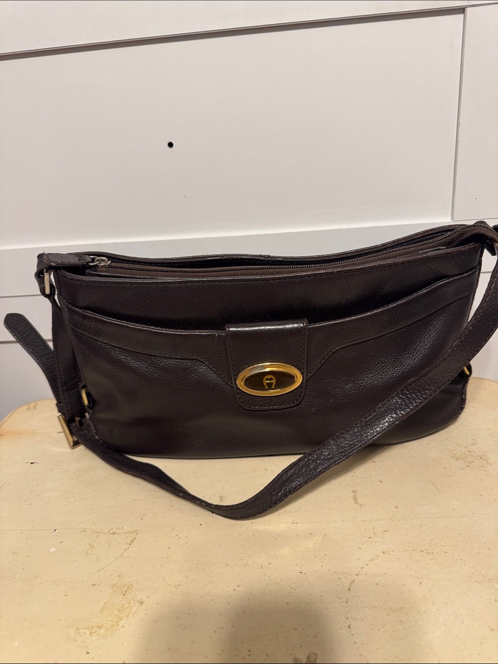 Etienne Aigner Black Leather Shoulder Bag with Gold Hardware